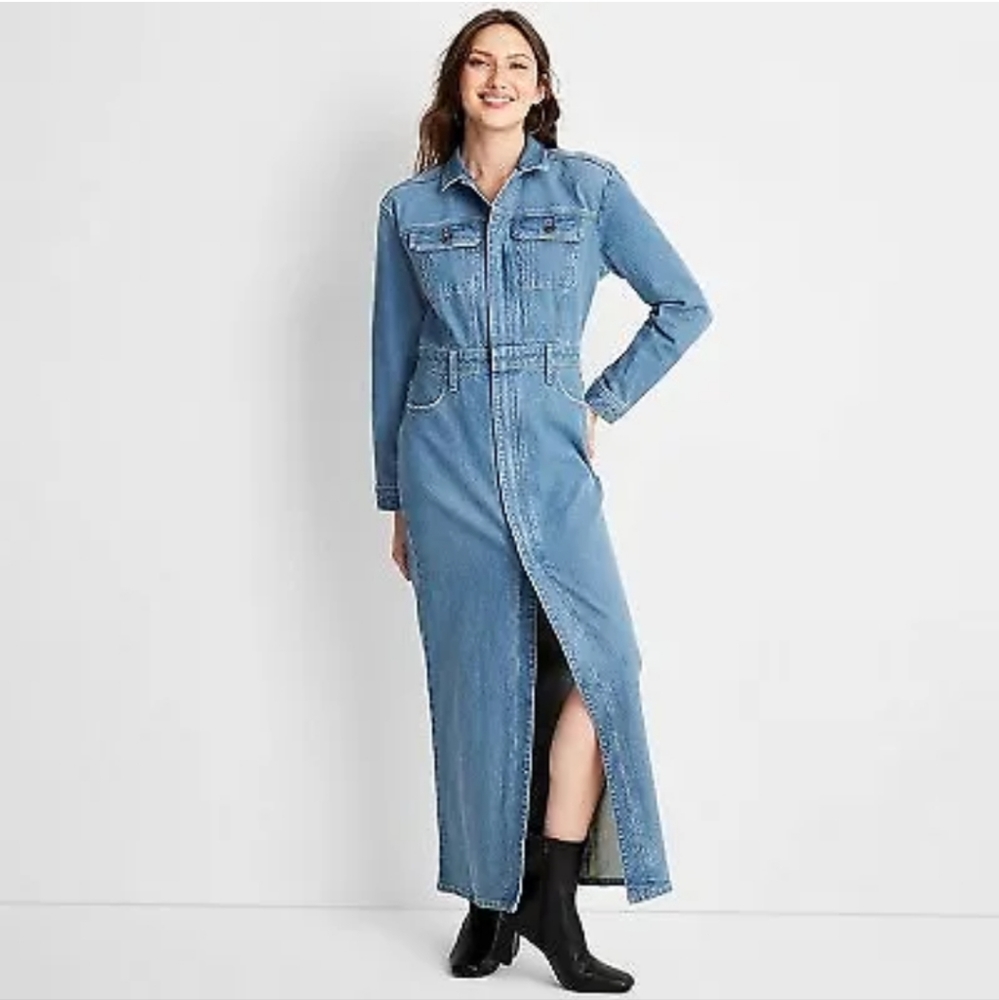 Women's Long Sleeve Denim Maxi Shirtdress - Universal Thread  Medium Wash